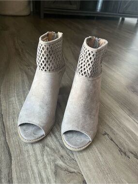 Report Taupe Suede Peep-Toe Ankle Booties with Laser-Cut Cuff